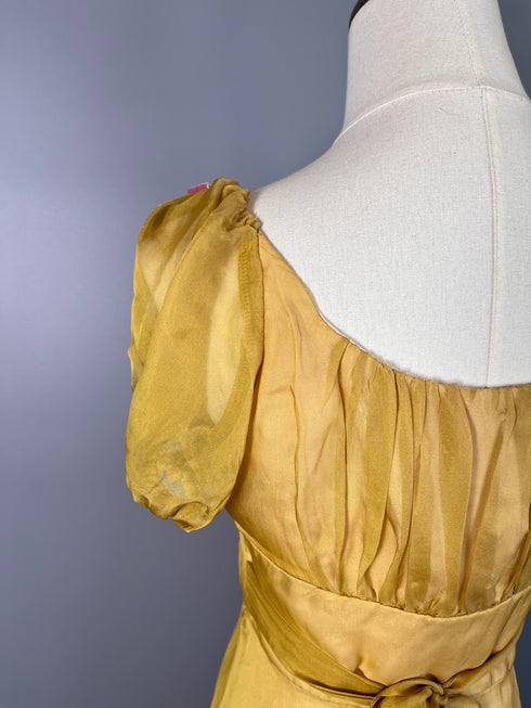 Vintage Yellow Regency Era Dress with Puff Sleeves and Pink Bows - Yellow Regency Era Dress Plus Size